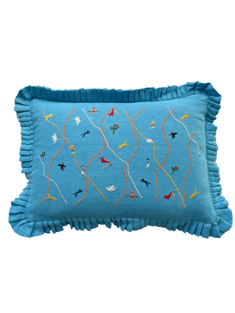Blue pillow with embroidered designs 